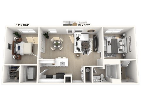 Floor plan for 2 beds, 1 bath, 954 sqft